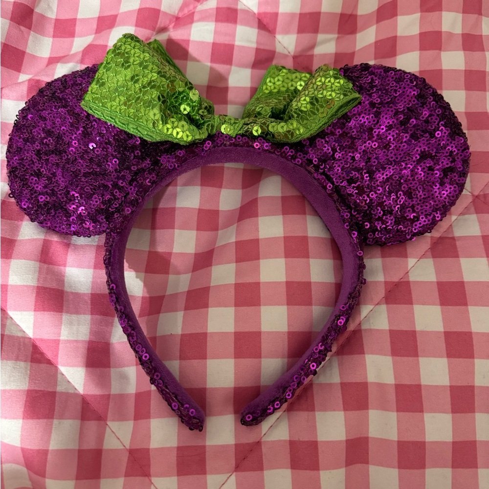 Sequin Purple Minnie-Style Ear Headband with Green Bow